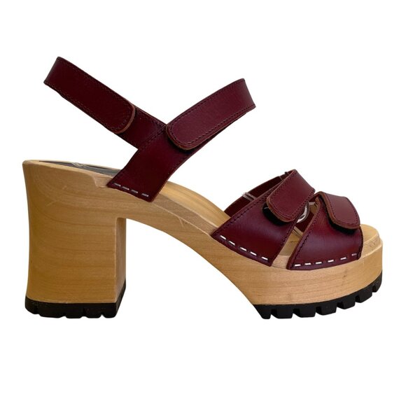 Hasbeens Swedish Women’s Burgundy Leather Wooden Platform Sandals Size US 10 - Picture 1 of 8